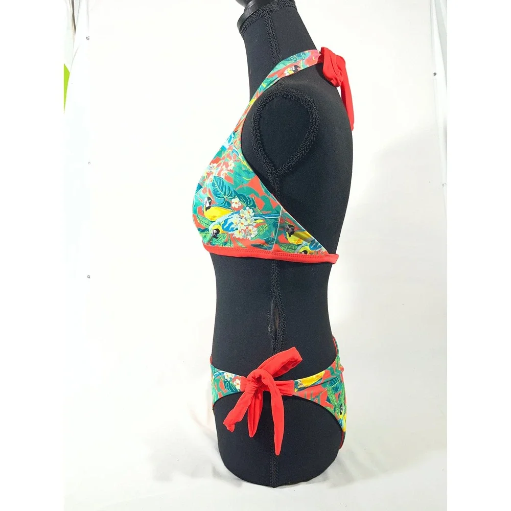 Women‎ Tropical Parrot Print Halter Bikini S Orange Side Tie 2 Piece Reversible
